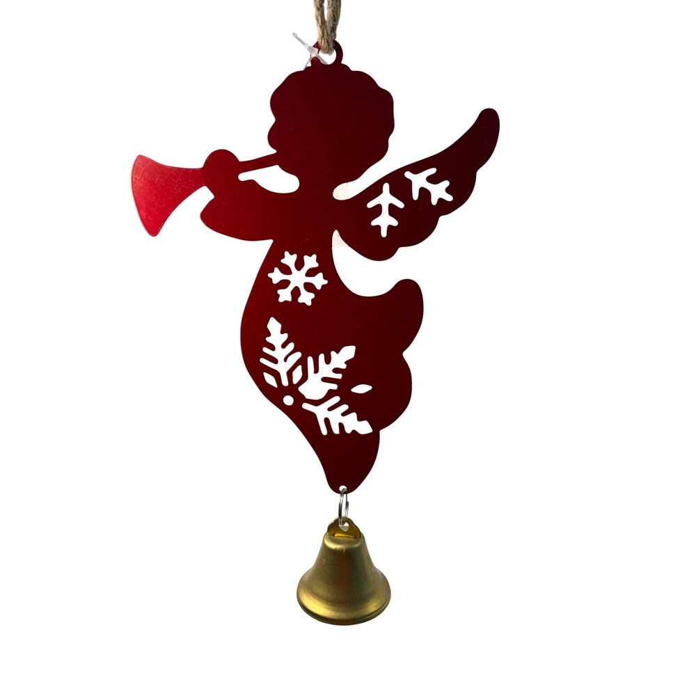Red Metal Angel Christmas Ornament with Gold Bell Snowflake Cutouts Jute Hanger
